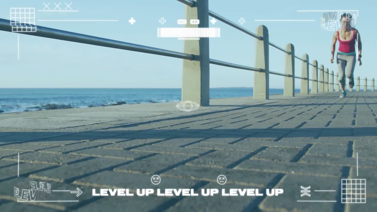 산책로에서 달리는 여자를 상대로 비디오 게임 인터페이스의 디지털 애니메이션