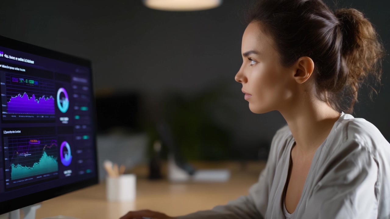 Focused analysis and critical evaluation of financial data on a computer screen by a dedicated professional in a modern workspace, ensuring precision and insight.