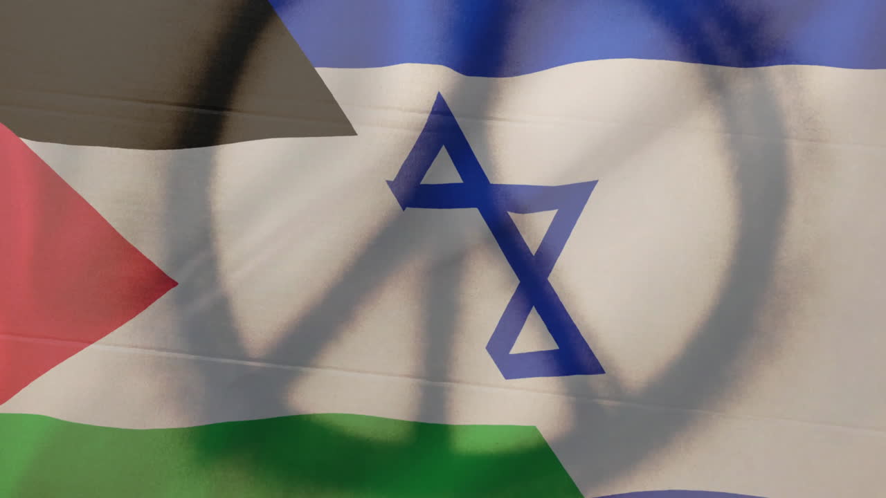 Animazione del simbolo della pace sopra la bandiera di Israele e Palestina