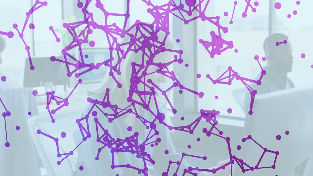 Purple network connections animation over people working in modern office
