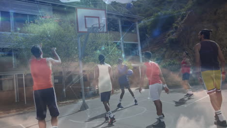 animation of network of connections over basketball match in gym