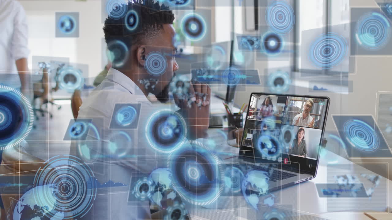 Man participating in video conference with digital data processing animation overlay