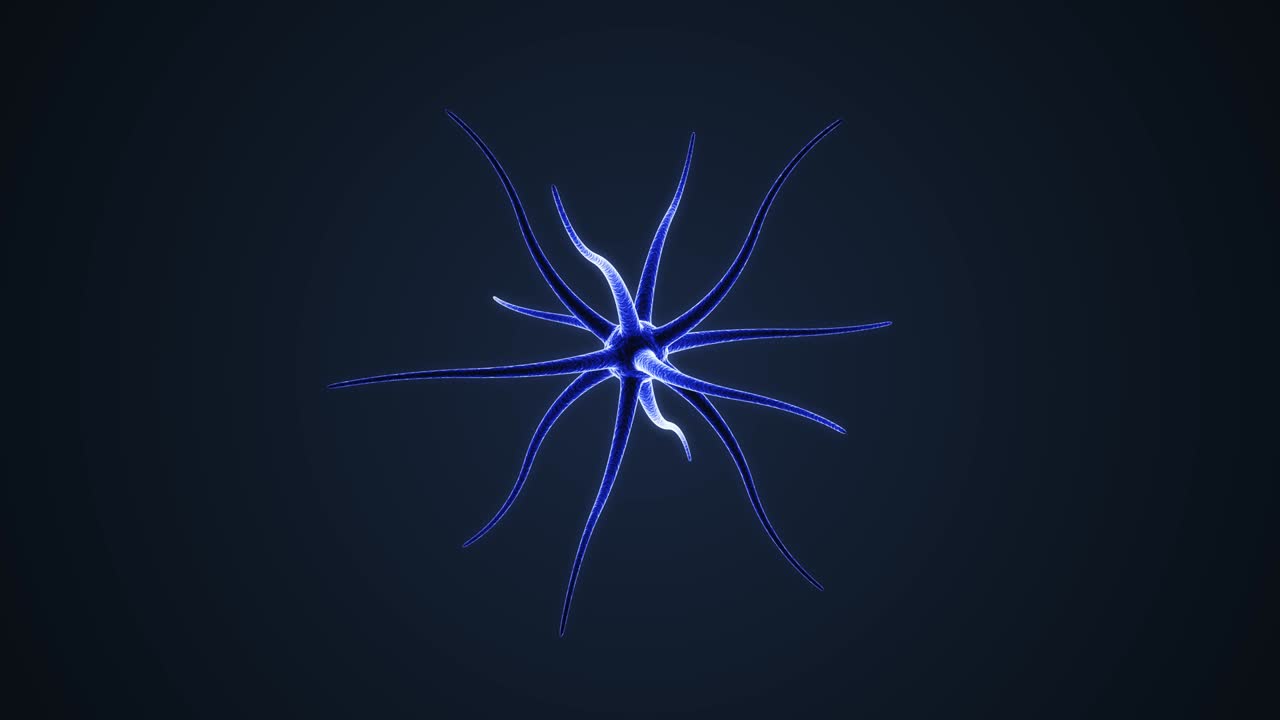 animación en 3d de una neurona sobre un fondo azul oscuro. la célula nerviosa brilla de rojo.