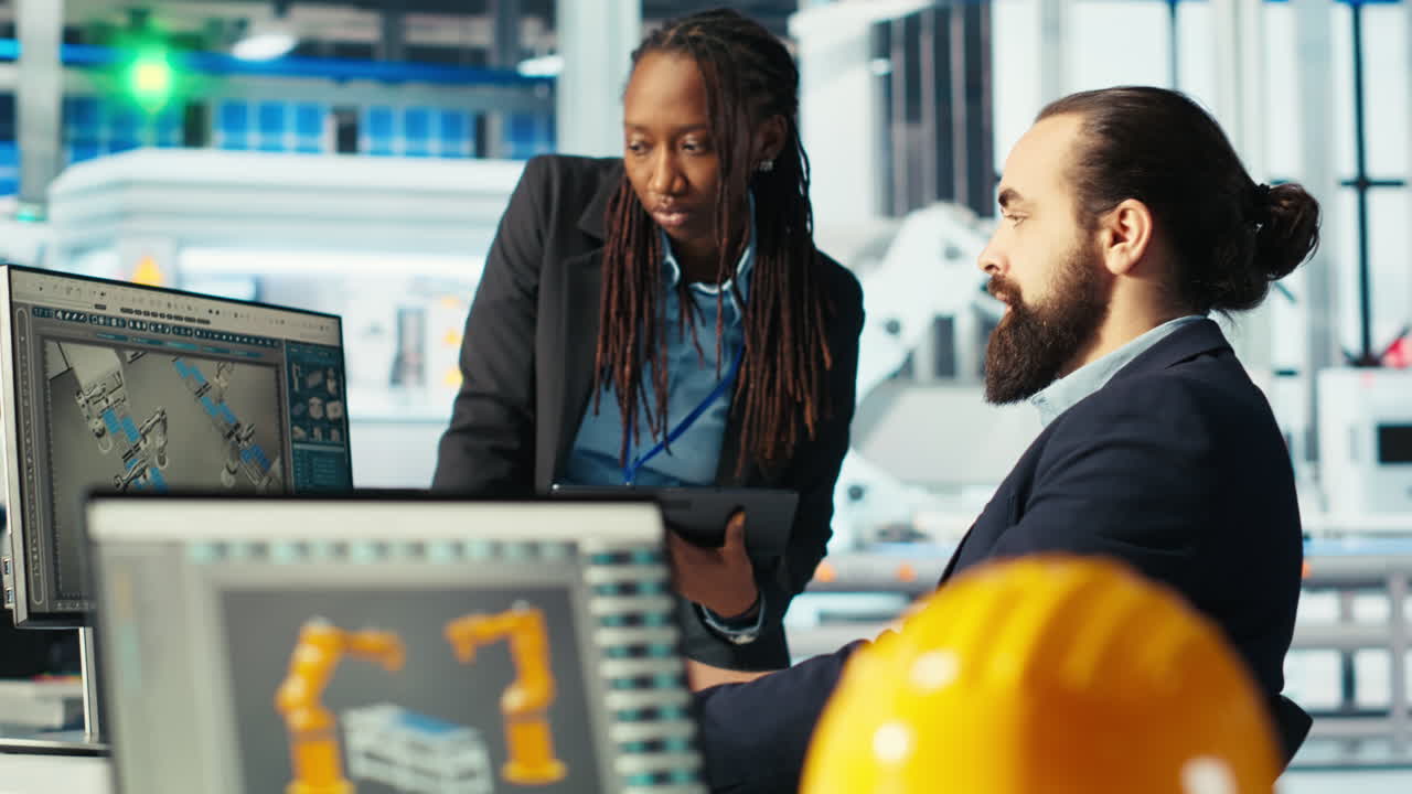 Photovoltaics factory coworkers brainstorming, adjusting system parameters