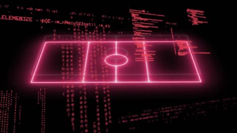 Animation-of-pink-illuminated-sports-court-over-computer-language-against-black-background