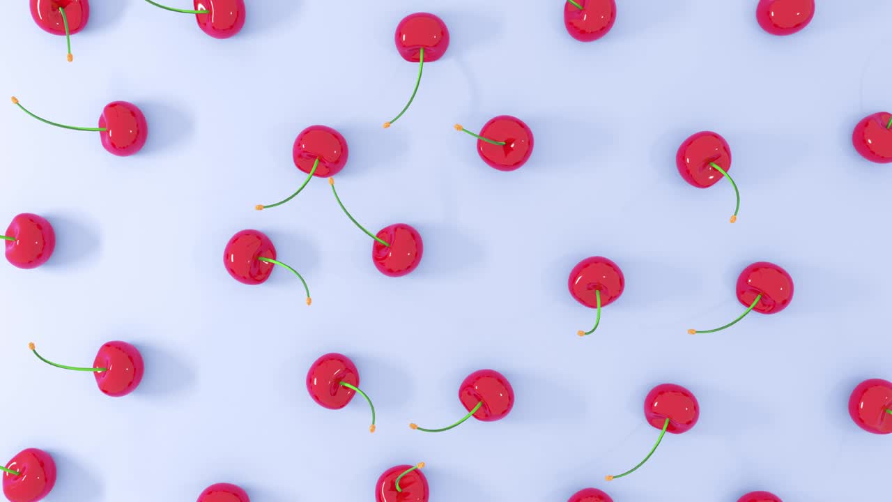 Render 3D buah ceri merah segar dengan latar belakang pastel. Animasi loop render 4K.