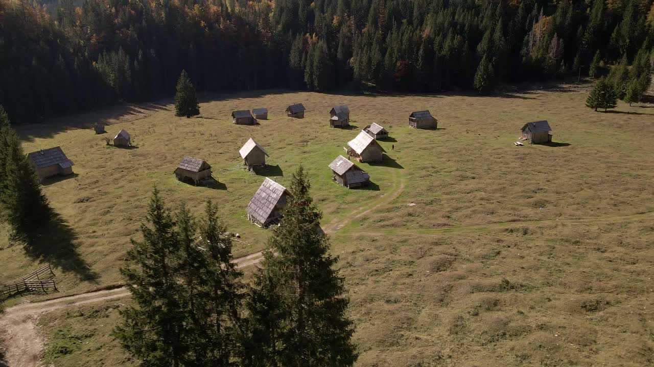 Traditionel bjerglandsby i en skovklædt dal, luftfoto, Slovenien