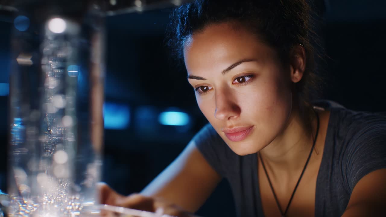 Focused Woman Engaged in Scientific Experimentation, Analyzing Data from a Clear Container Filled with Bubbles, Macro Perspective Capturing Intricate Details of Fluid Dynamics and Light Reflections