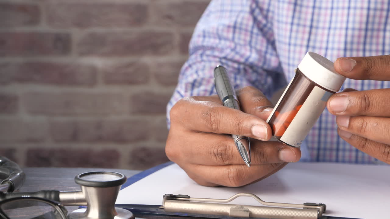 médico que examina los medicamentos