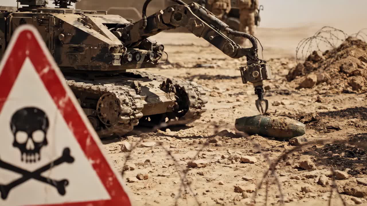 Military robot with mechanical arm collecting unexploded ordnance in a desert area, with soldiers and danger sign in the background