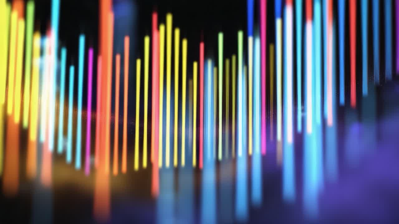 Abstract digital bars pulse with vibrant colors against dark background. Bright neon hues shift and glow like city lights at night. Perfect for tech, finance, or music-related projects