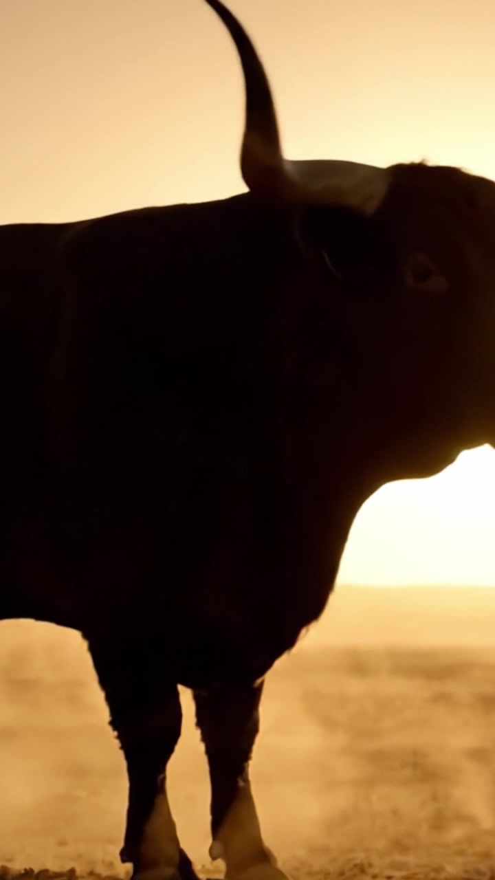 Maestosa silhouette di un toro contro il tramonto dorato, che cattura la bellezza e la forza della natura con dettagli mozzafiato