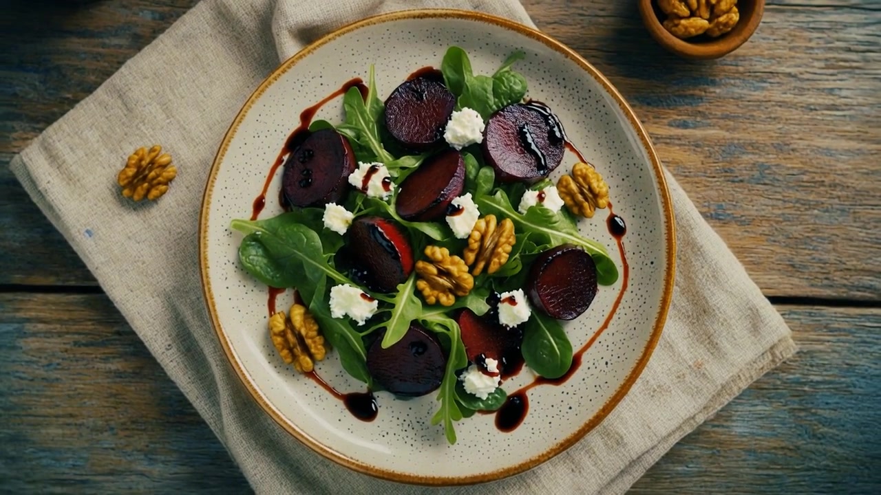 Frisk rødbedesalat med gedeost og valnødder på rustikt bord