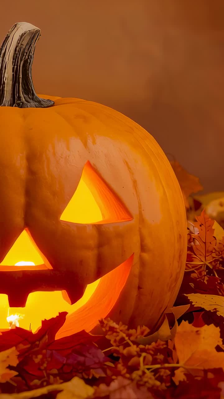 Vertical video: Flickering candle lighting carved pumpkin at home Halloween display, with leaves