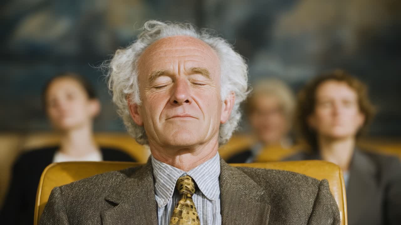 A Man with Gray Hair Sits Calmly in a Meeting, Eyes Closed, While Others in the Background Appear Engaged or in Thought, Capturing a Moment of Inner Peace Amidst Activity