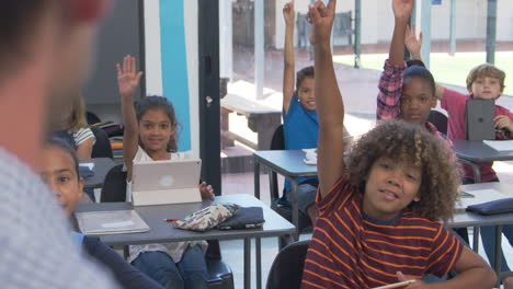 elementary students looking to teacher, over shoulder view