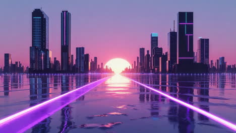 futuristic neon city at sunset or sunrise with glowing path