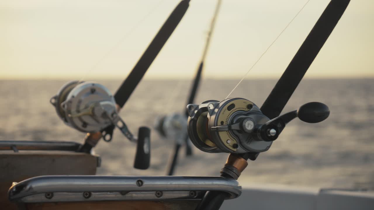 Close-up of professional fishing rods and reels mounted on a boat during a sunset fishing trip.
