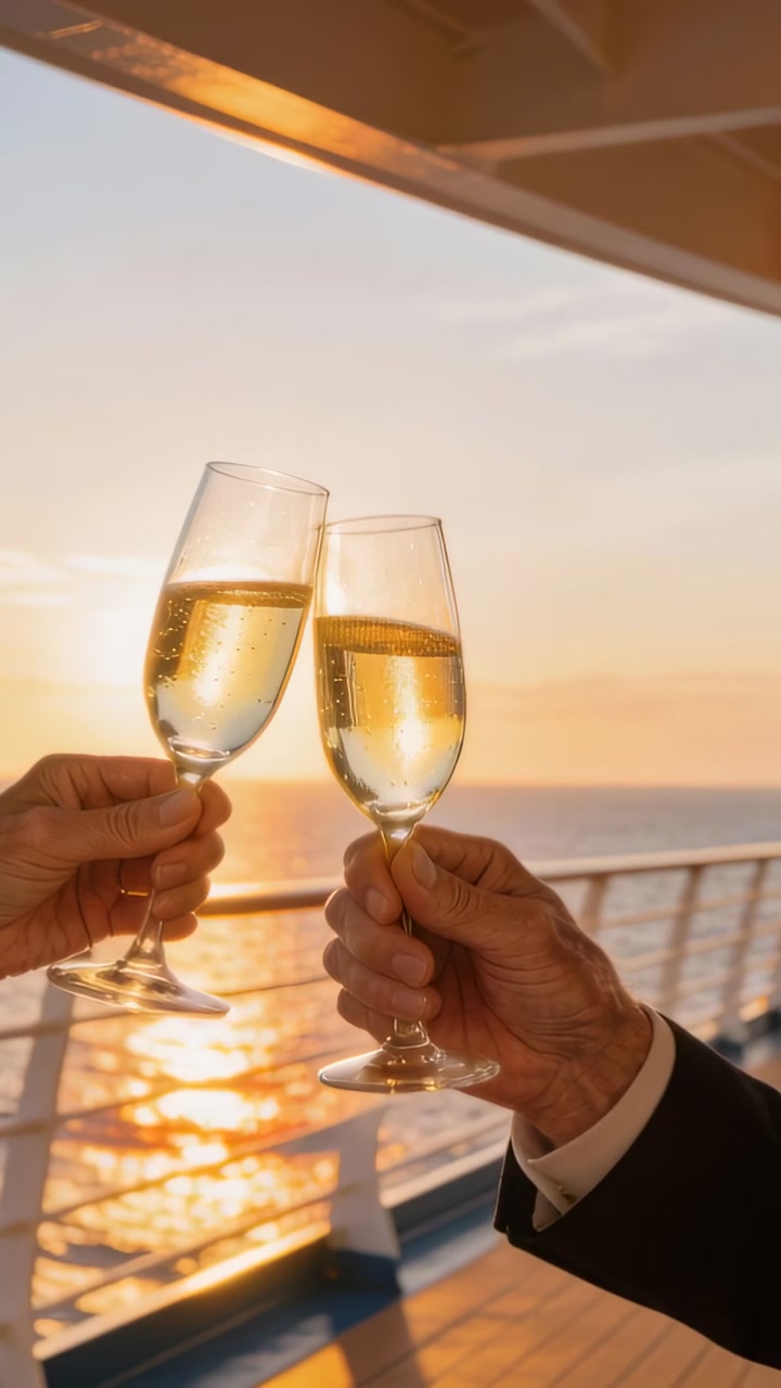 Vertical video: Clinking pair toasting champagne flutes on deck as sun sinking, suit cuff visible