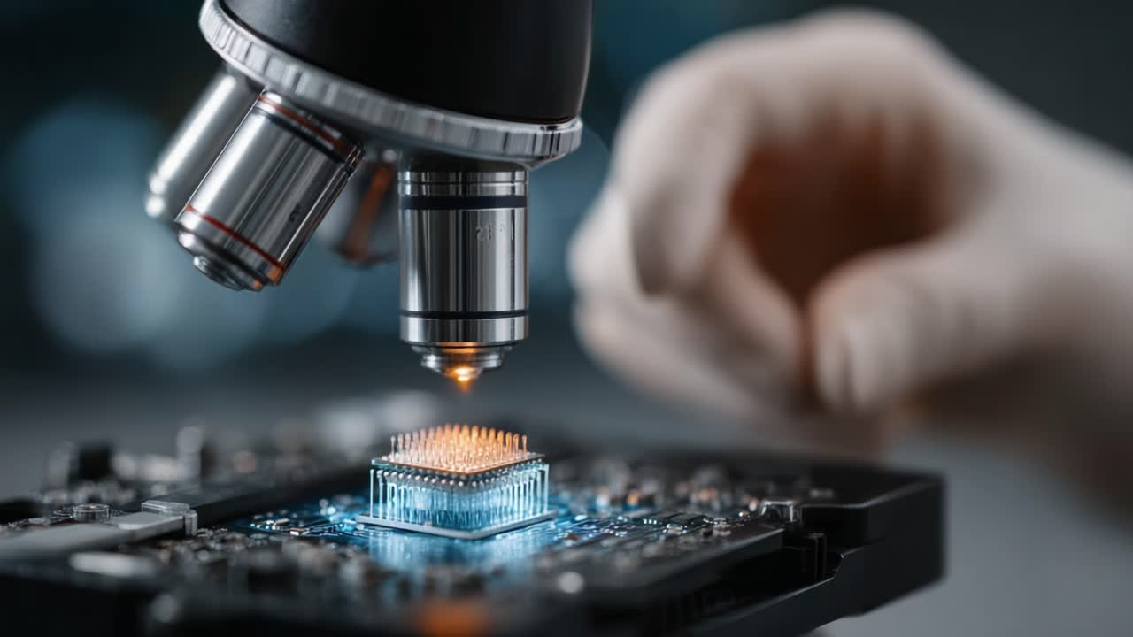 Close-Up Examination of a Microchip Under a Microscope, Highlighting the Advanced Technology and Precision Engineering Required for Modern Electronics