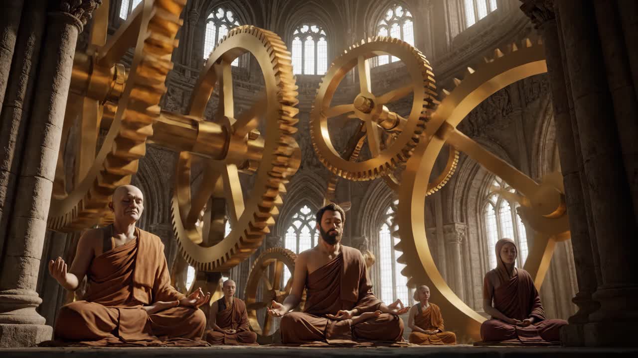 Monks Meditating Among Golden Gears in an Ancient Temple
