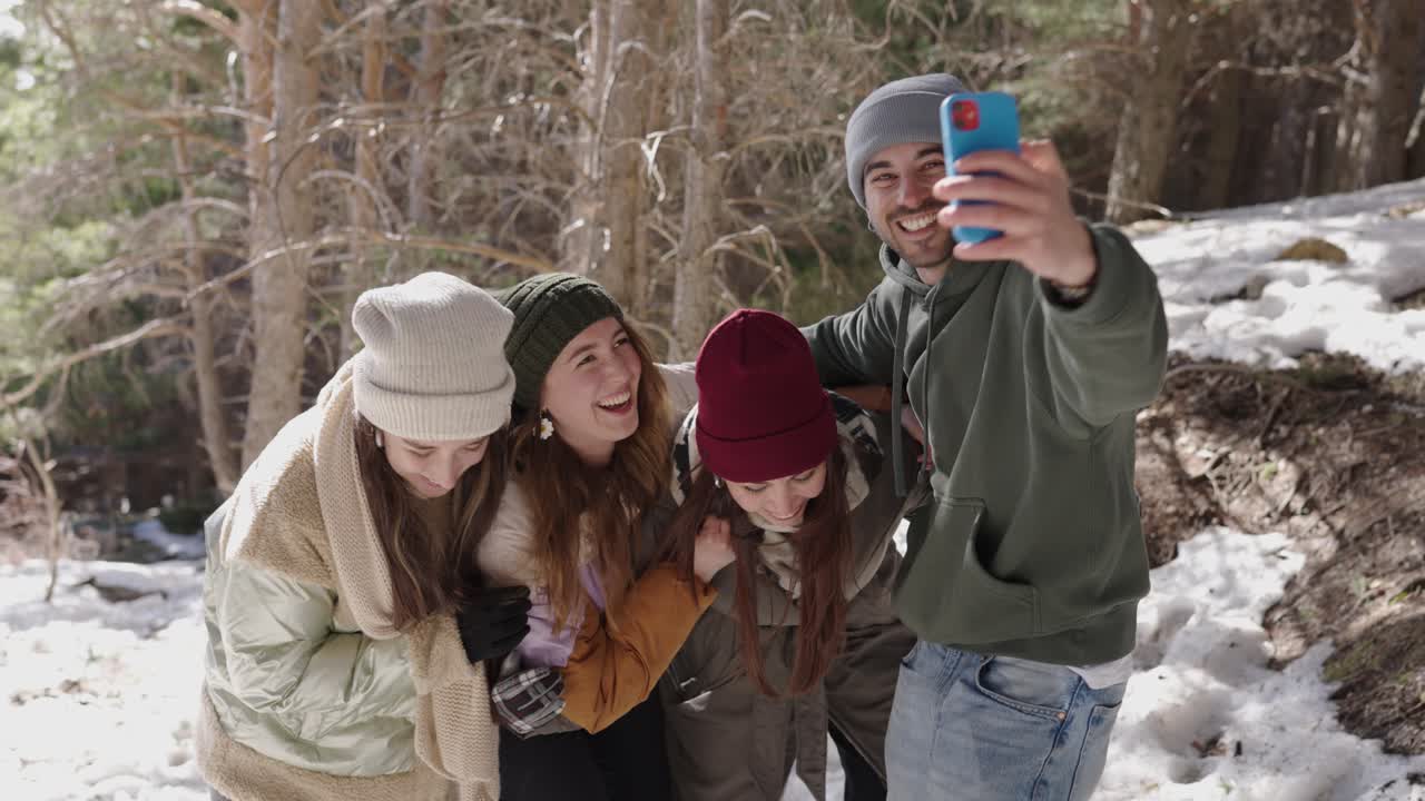 Group of friends taking a selfie in the snow