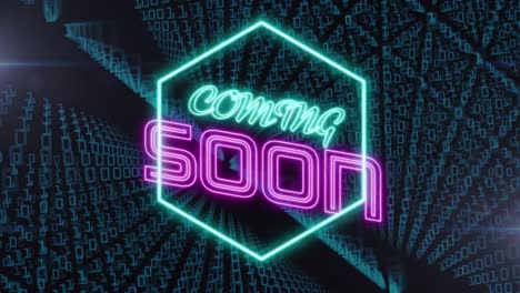 animation of coming soon neon text over binary coding