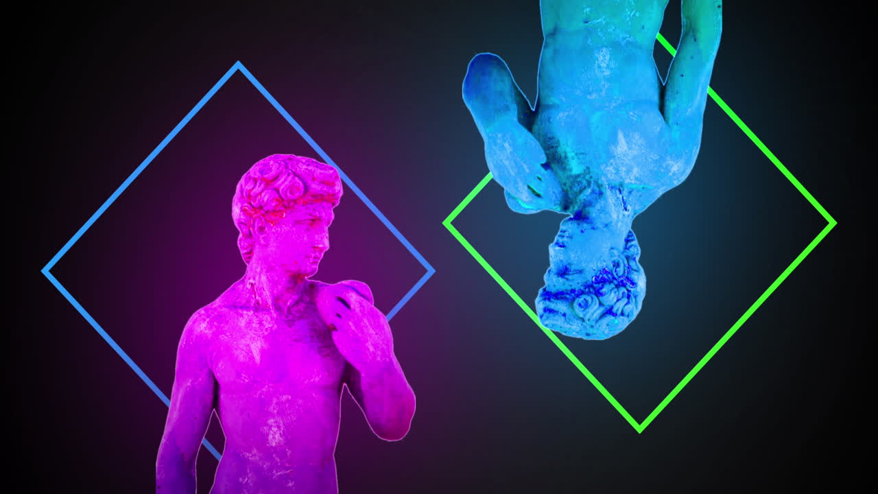 animación de bustos de esculturas antiguas con glitch moviéndose sobre cuadrados de neón sobre fondo negro.