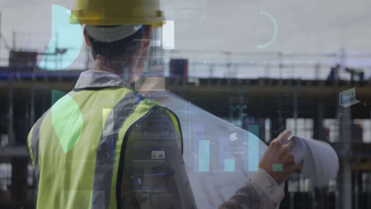 animación del procesamiento de estadísticas sobre arquitectas que mantienen planes en el sitio de construcción