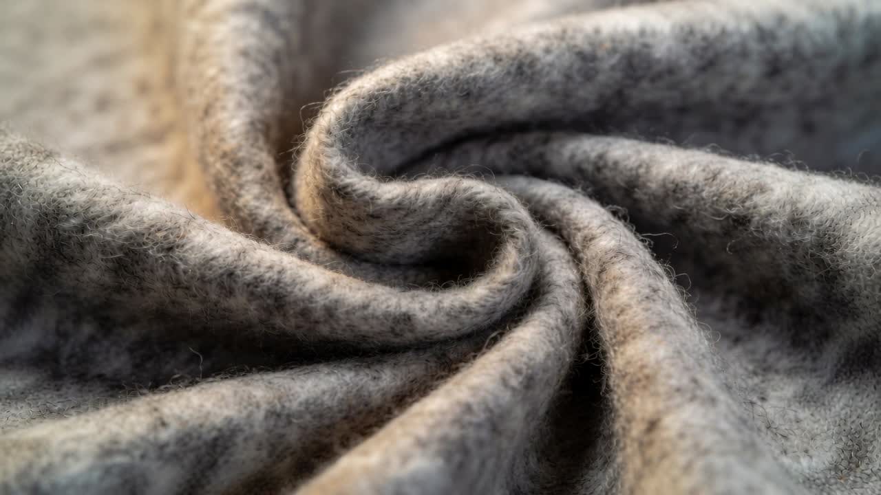 Focus shifting and warm left glow revealing grey wool spiral in studio, showing felted nap