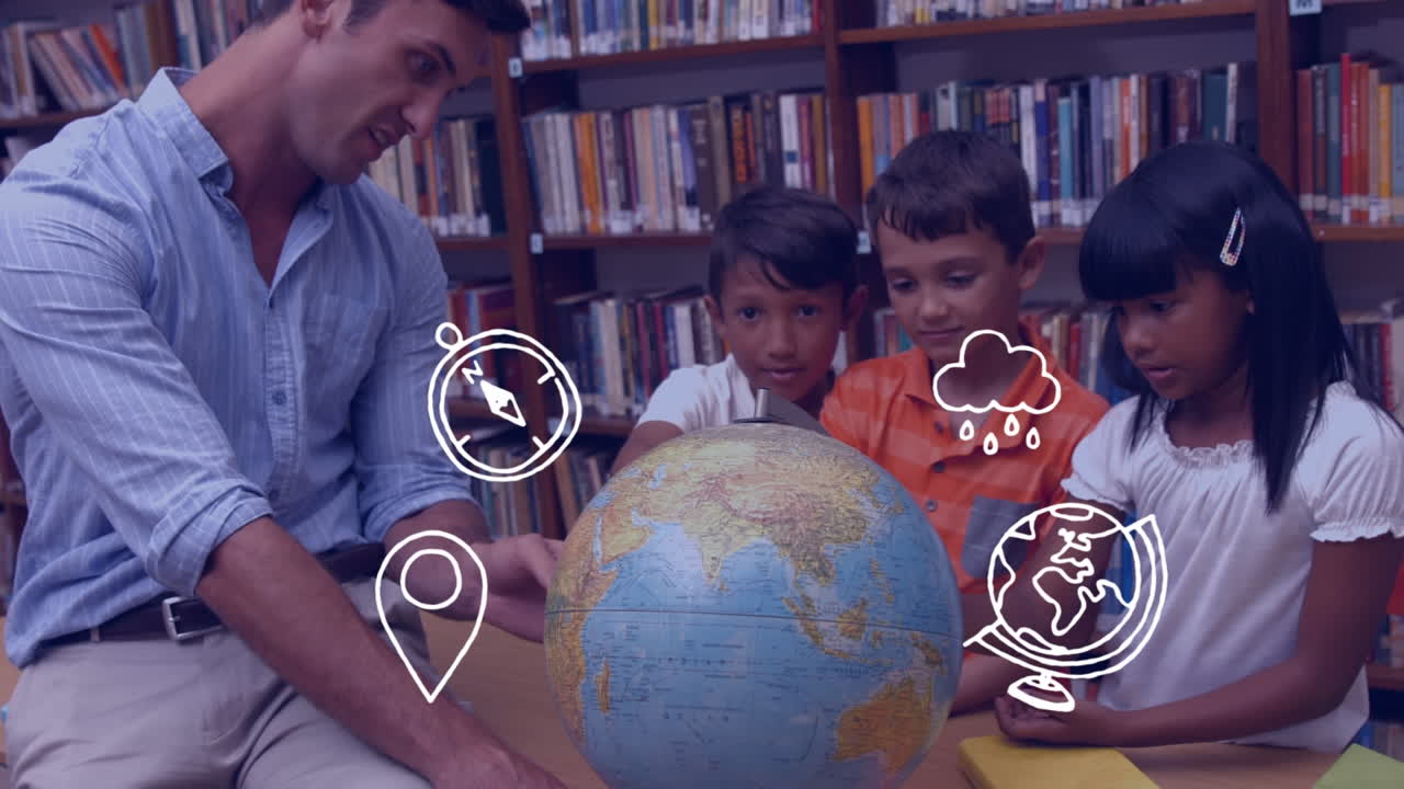 animación de los iconos de los artículos escolares sobre el maestro caucásico con diversos escolares usando el globo