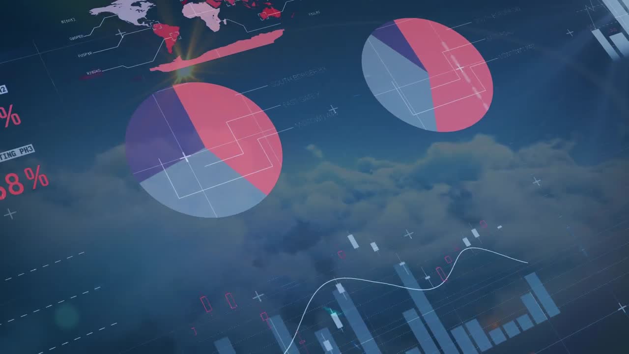 Animation of data processing over sky with clouds