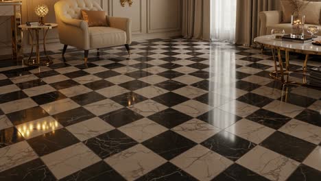 elegant living room with marble checkerboard floor and cozy armchair, exuding sophistication and comfort - a perfect blend of classic design and modern aesthetics