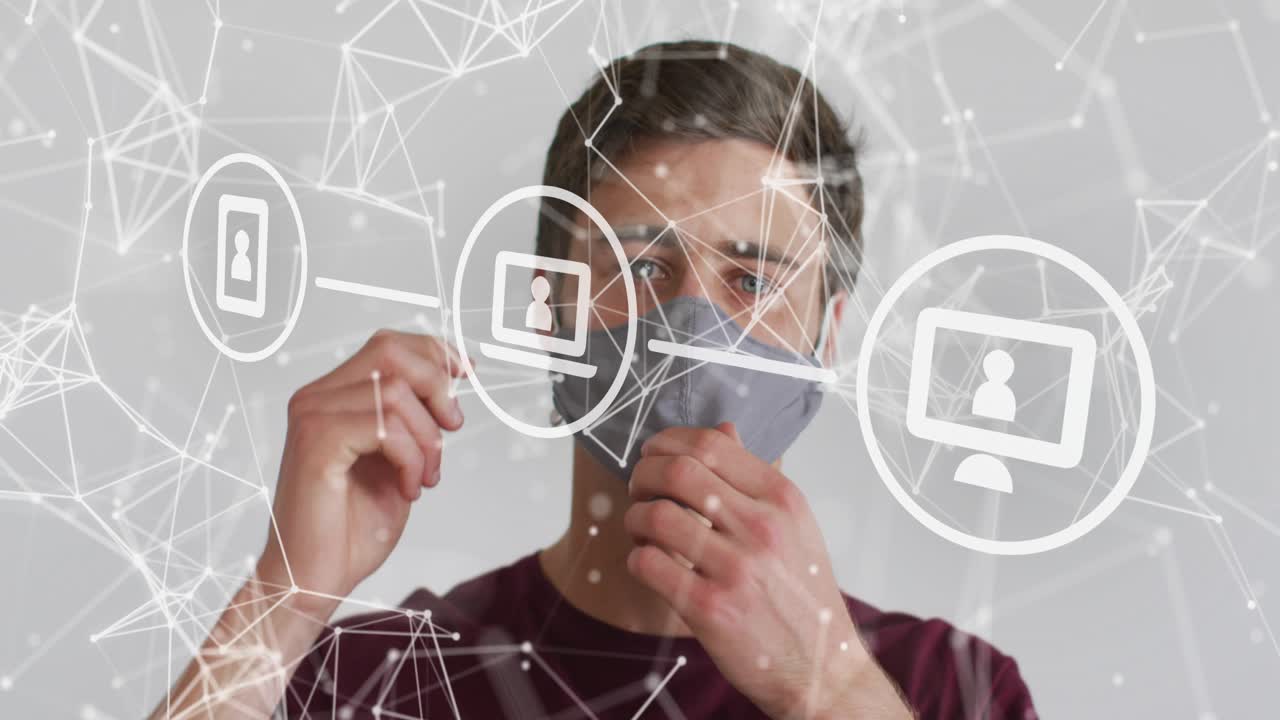 Adult male raising cloth mask, looping ear straps and adjusting fit for health with icons passing