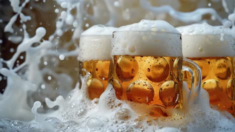 three glasses of beer with foam