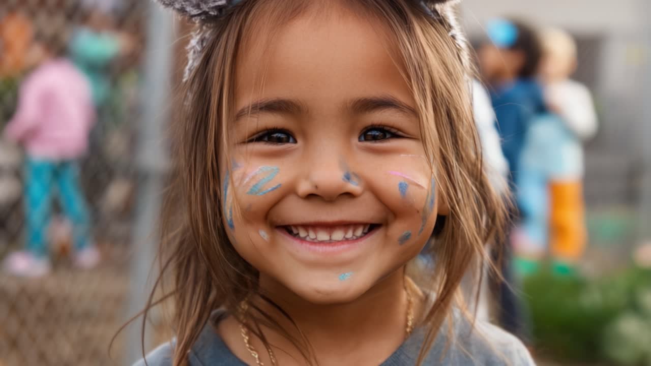 Niño alegre con pintura facial y orejas divertidas, capturado en un fondo colorido, irradiando felicidad e inocencia en un entorno al aire libre.