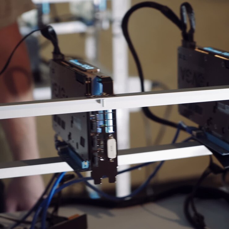 Bitcoin mining farm. Man checks the temperature of the graphics cards on the computer.