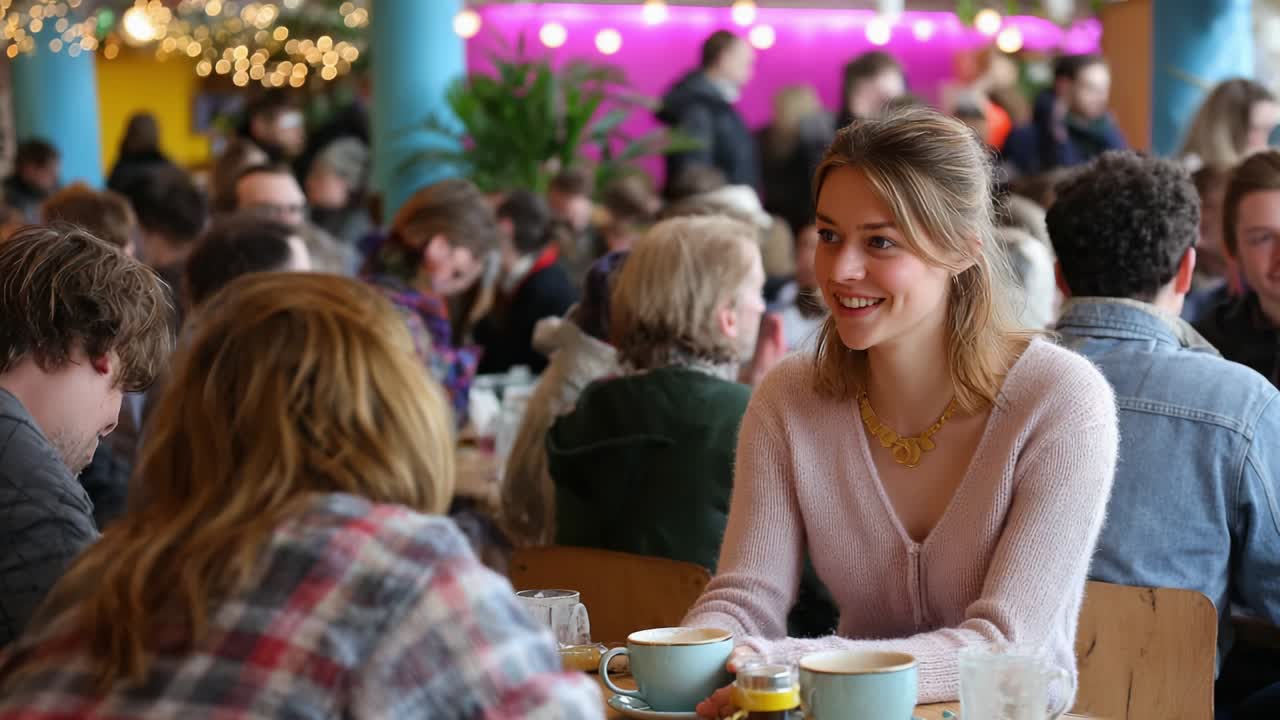 A Young Woman Engaged in Conversation in a Bustling Caf? with Friends, Surrounded by a Lively Crowd and Vibrant Decor, Highlighting the Warmth of Social Interactions and the Joy of Shared Moments Over Coffee