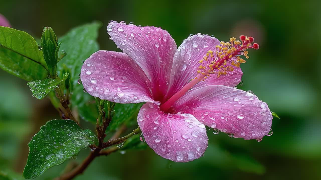 Beautiful Pink Hibiscus Blossom Glistening with Water Droplets, Showcasing Nature's Vibrant Colors and Delicate Petals in a Lush Green Environment