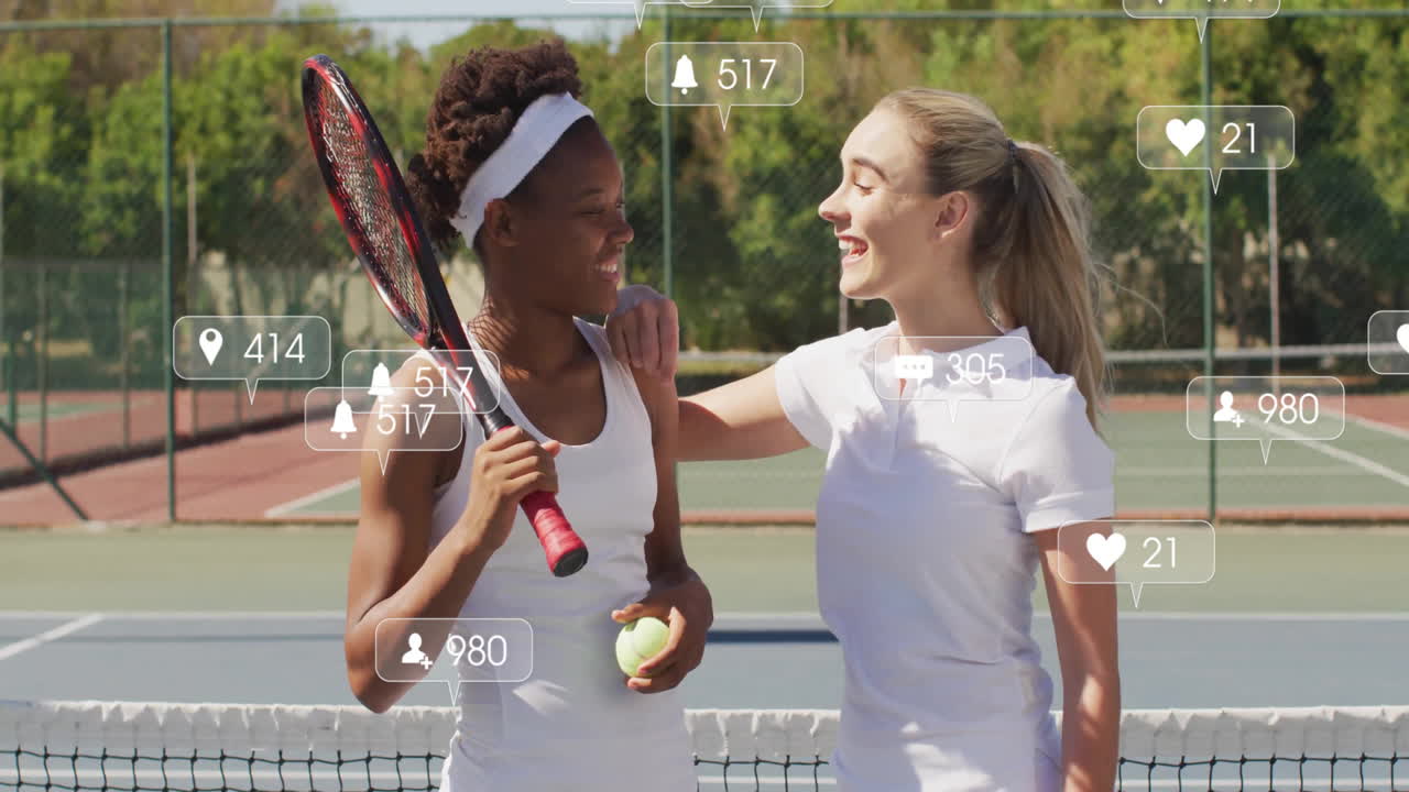 Two women chatting near tennis net while showing floating social media notifications for marketing
