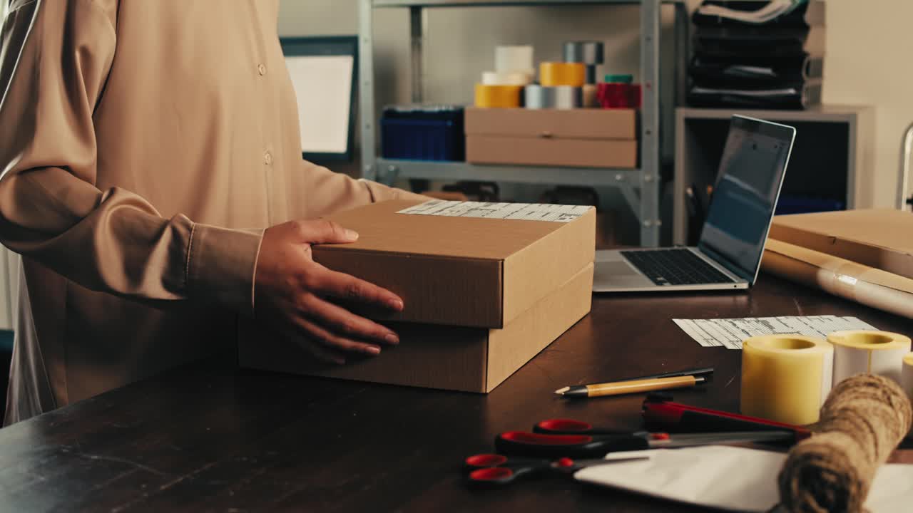 E-commerce storage shop, woman packing goods and clothes for second hand delivery market, dedicated Packaging and Shipping Workspace with Supplies and Technology for efficiency, online sales.