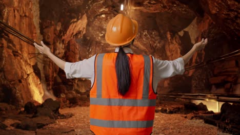 back view of a female engineer with safety helmet spreading arms in underground mine tunnel