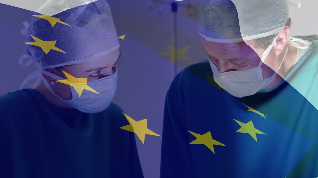 animación de la bandera de la ue sobre los médicos durante la cirugía