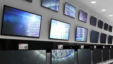 interior of electronics store with synchronized video playing on screens of multiple televisions