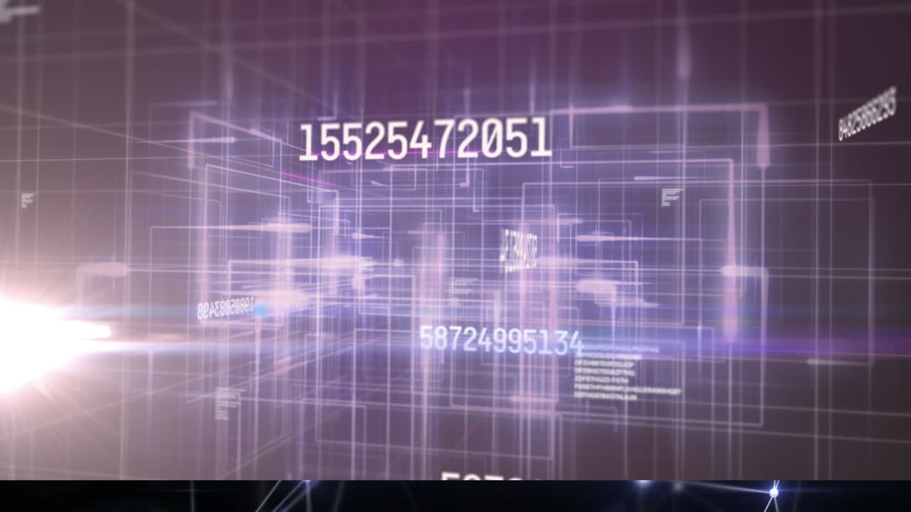 Animation of numbers changing and data processing over glowing light over grid on purple background