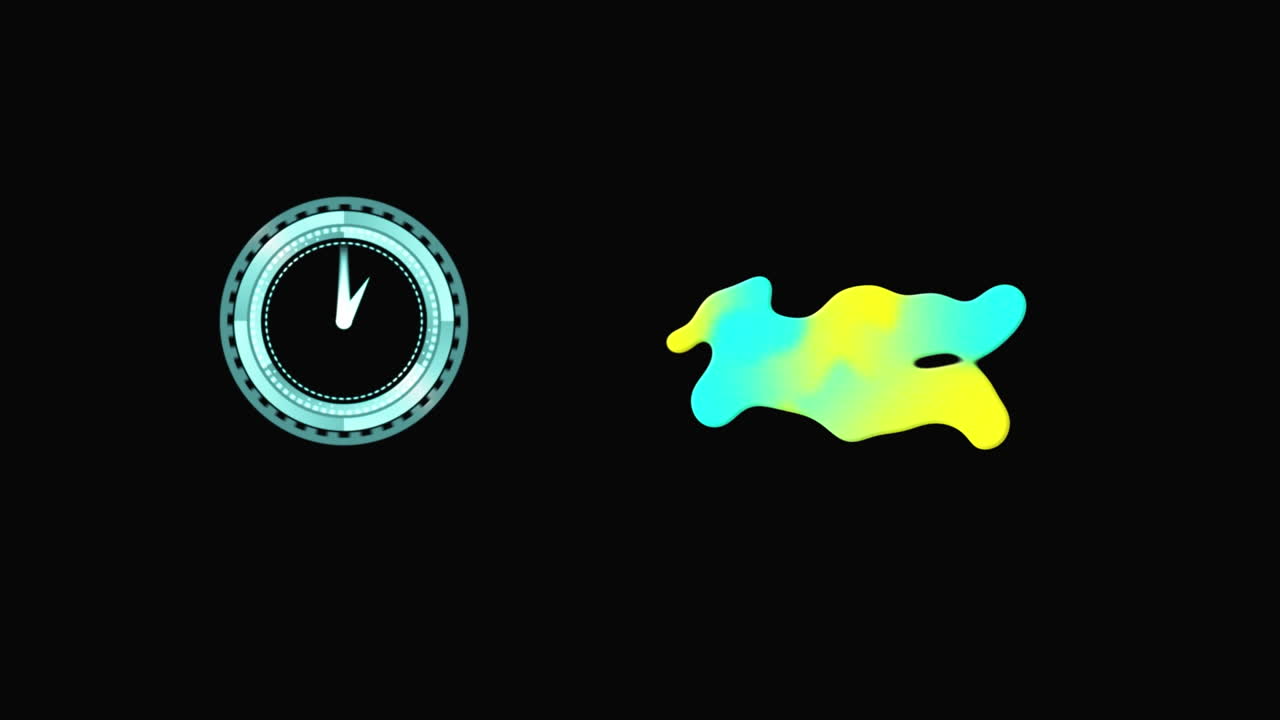 Animation of yellow and green stain and clock moving over black background