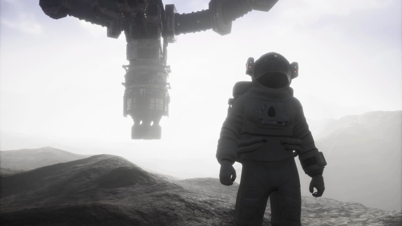 Astronaut exploring the surface of mars near a distant spacecraft