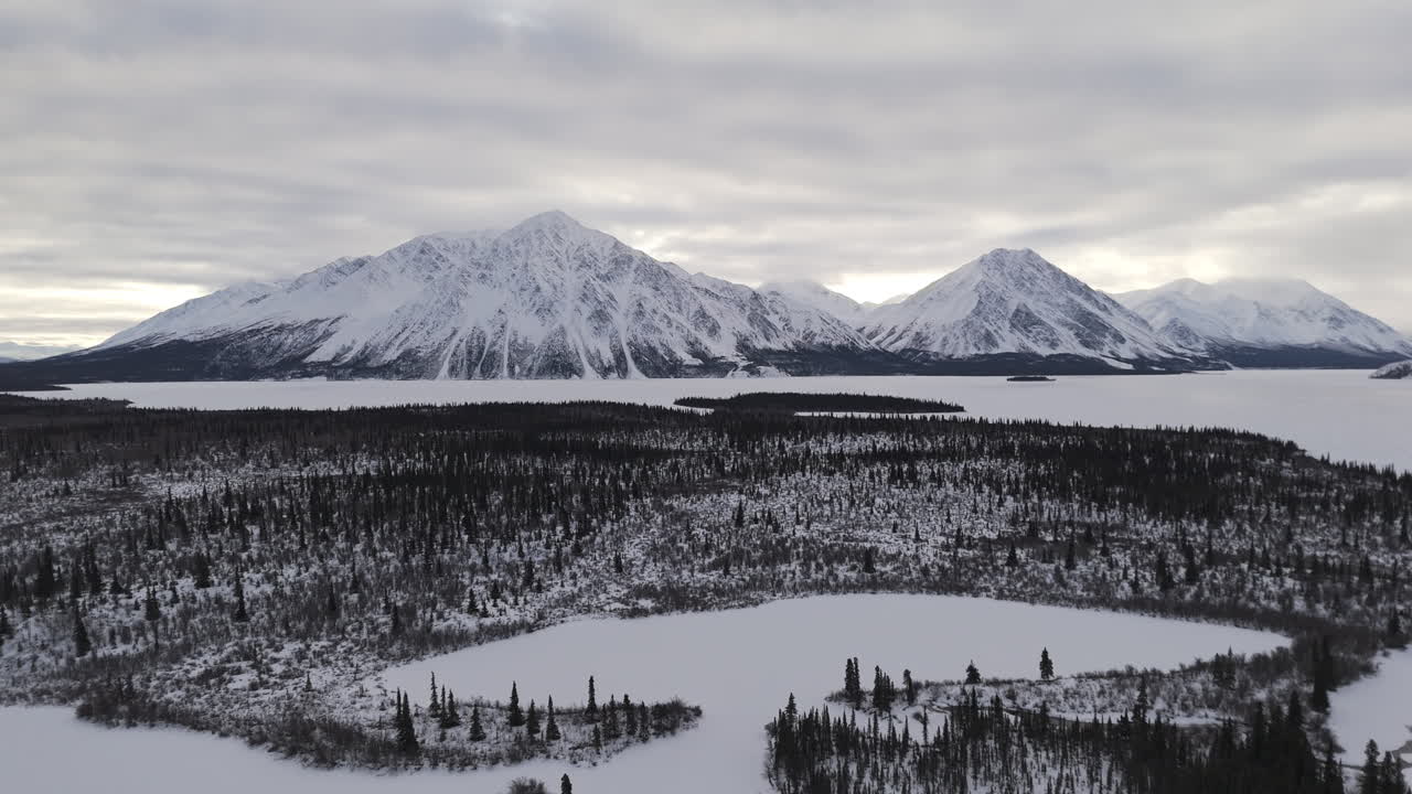 Winterly Over Kathleen Lake Within Kluane National Park and Reserve In Yukon, Canada. Aerial Wide Shot