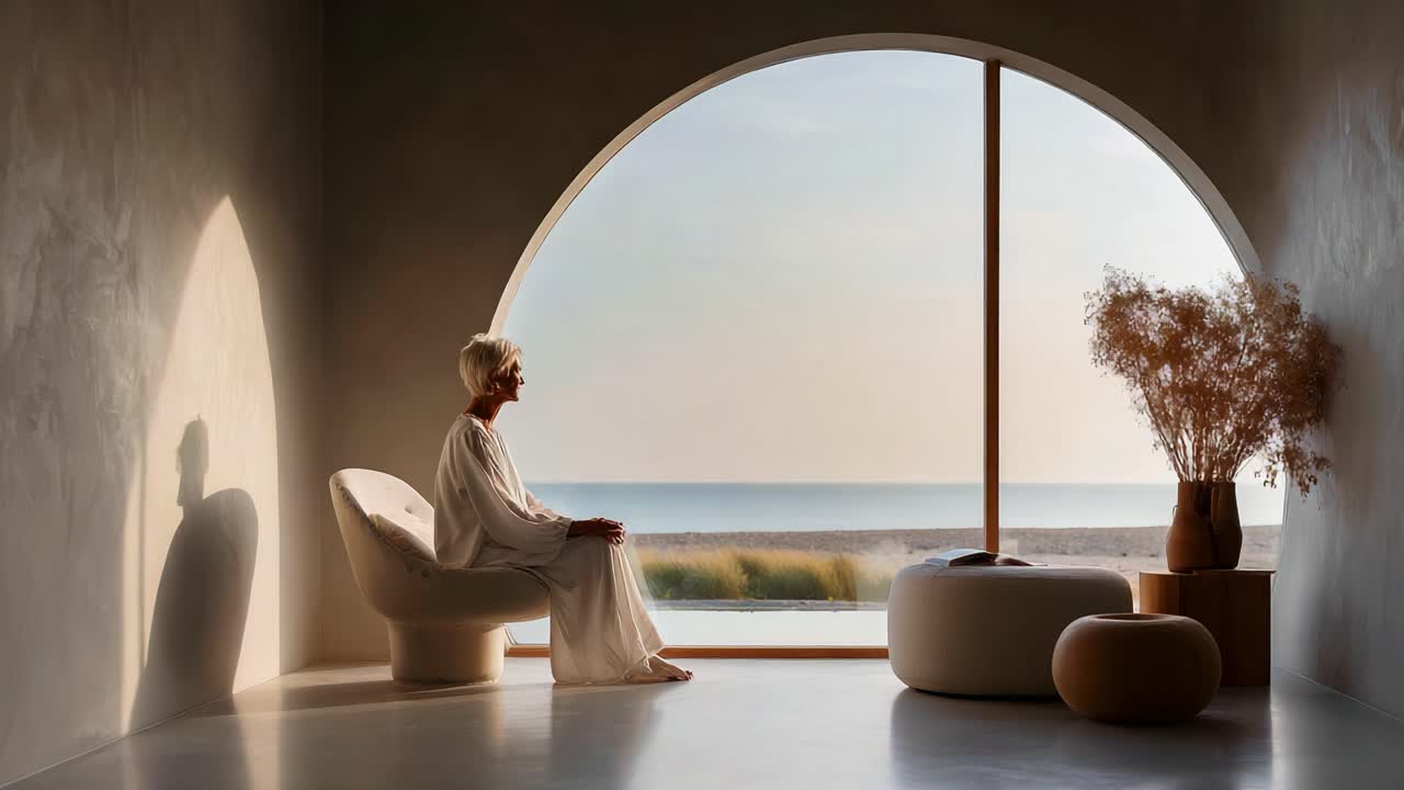 Serene Moments: A Calm Individual Seated in a Minimalist Space, Overlooking a Tranquil Beach Scene Through a Curved Window Just After Sunrise