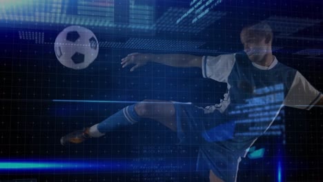 Animation-of-data-processing-and-lights-over-african-american-male-soccer-player-kicking-ball